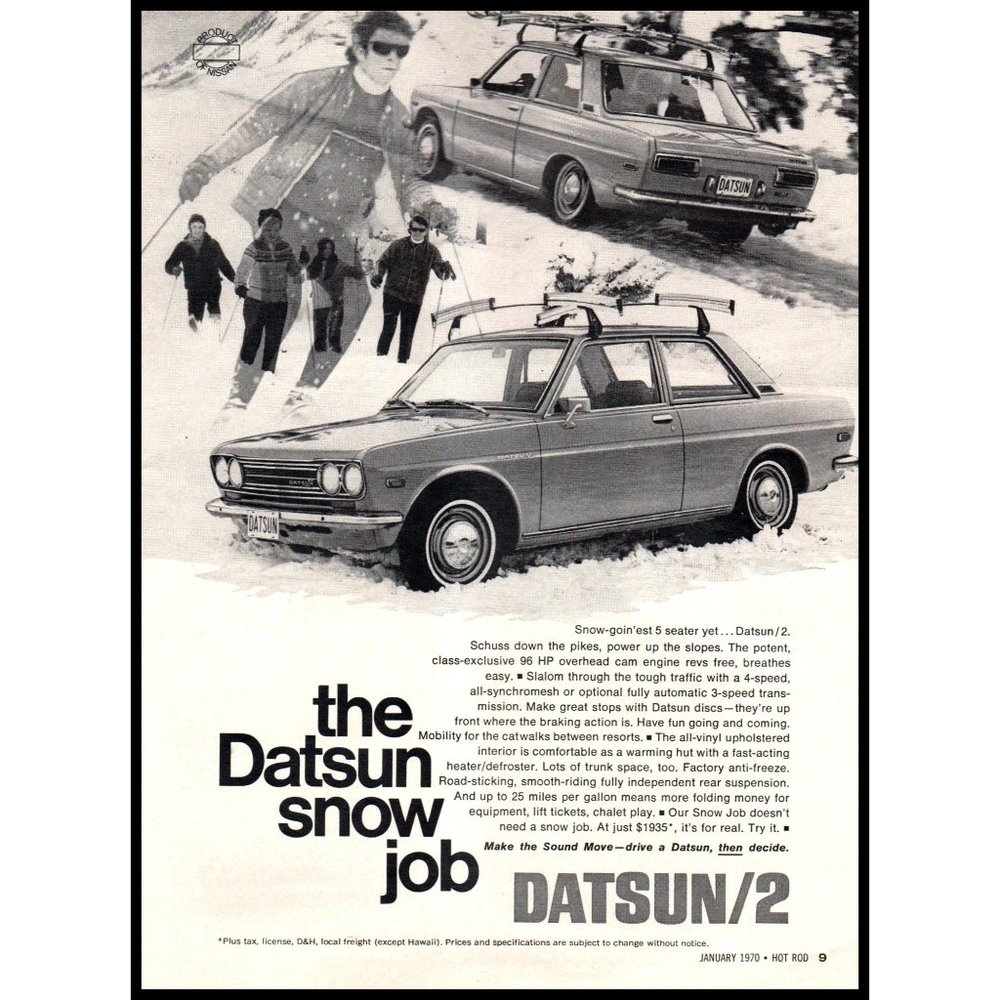 1970 Datsun/2 2 Door Coupe Vintage Print Ad Snow Job Ski Skiing Winter Wall Art